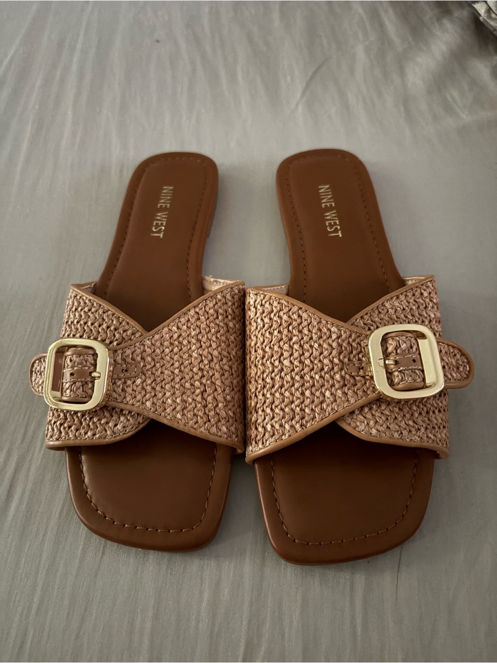 Nine West Tan Woven Slide Sandals with Gold Buckles